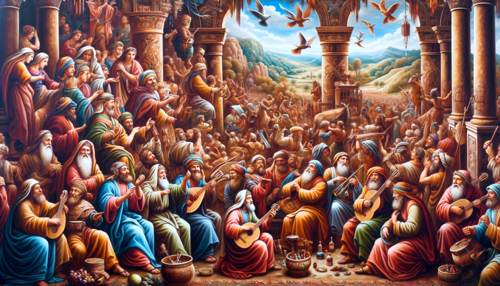 Oil painting of ancient Israelite festival celebration with lively crowd and musicians.