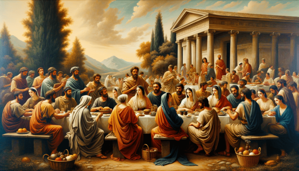 Oil painting of early Christians in Roman attire observing a holiday, sharing a meal in a Roman home.