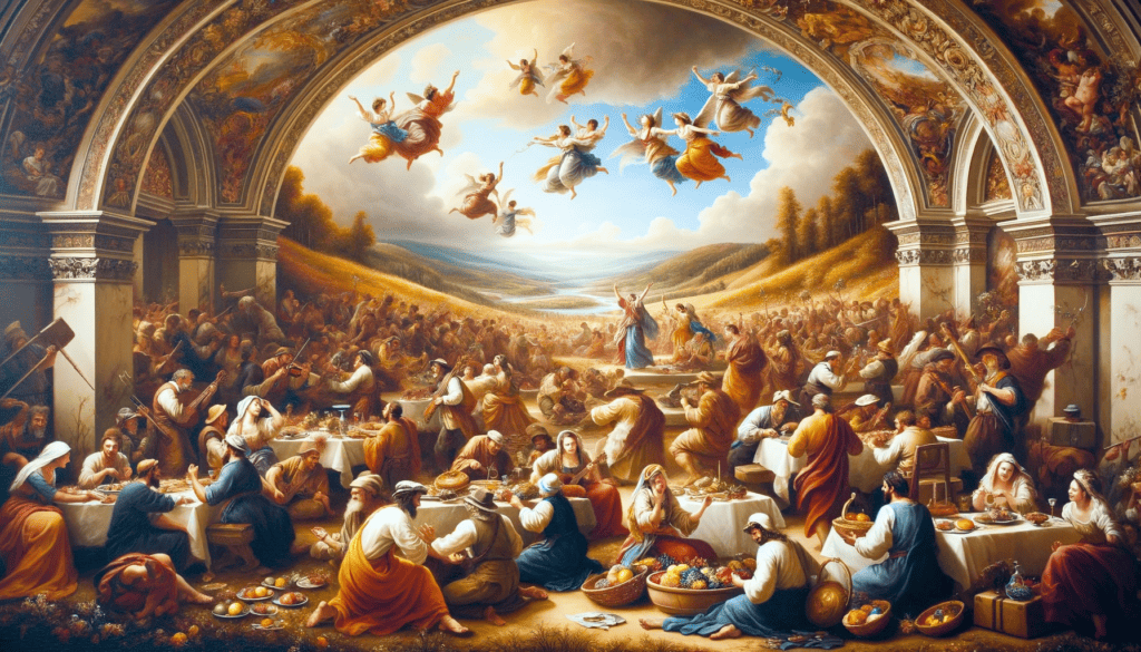 Oil painting of a joyful ancient Israelite gathering with dancing, music, and shared meals in a Baroque style.