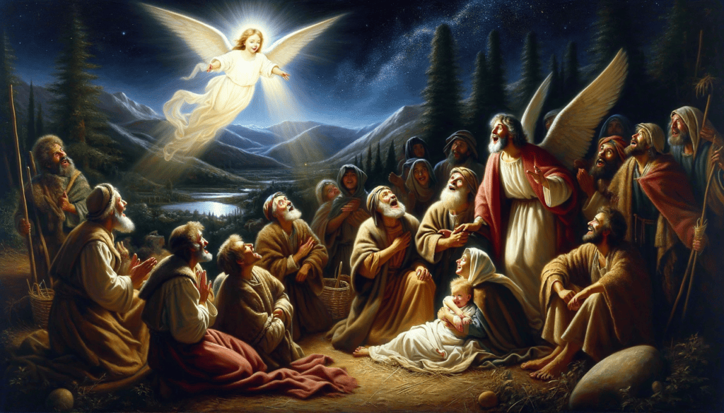 Oil painting of joyful shepherds hearing about Jesus' birth from an angel, set against a starry night.