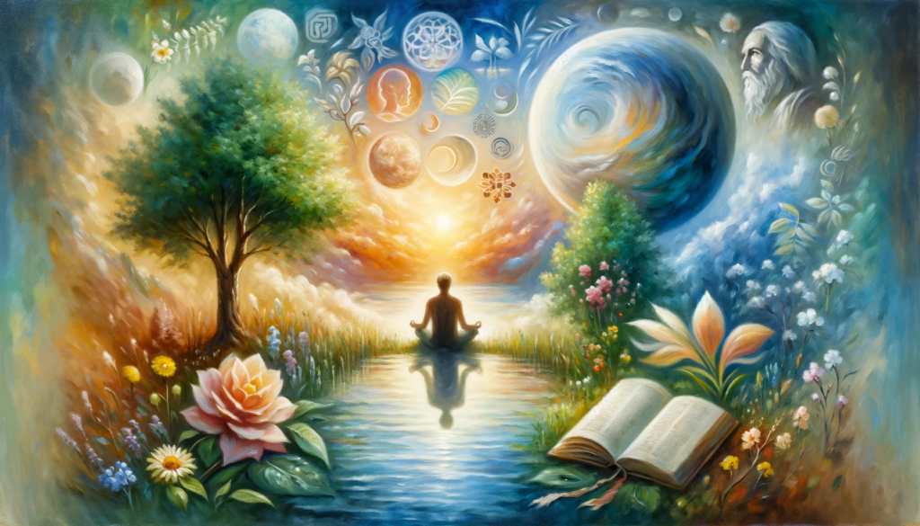 Oil painting of a person in contemplation surrounded by symbols of renewal, with a tranquil and serene setting.
