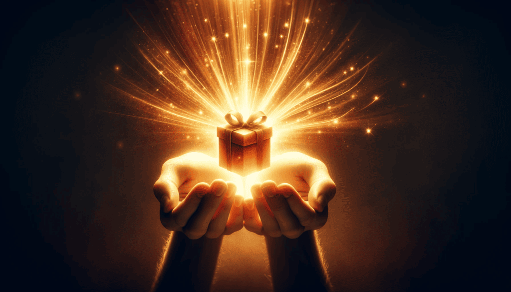 The Blessings of Giving: A warm, glowing image of open hands offering a gift with light radiating from it. 