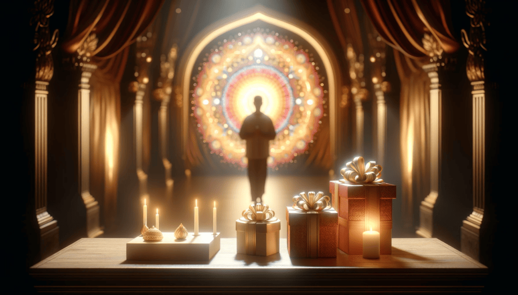 Giving as Worship: A serene and sacred image of a person offering gifts at an altar with a soft glow. 