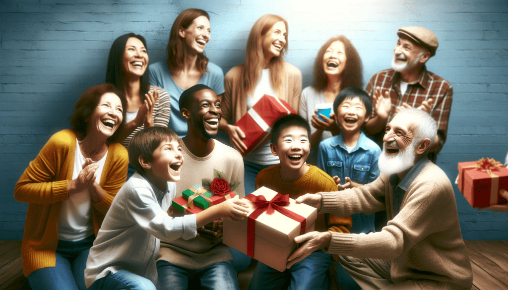 The Joy of Giving: An uplifting image of diverse people laughing and sharing, with one person handing out gifts. 