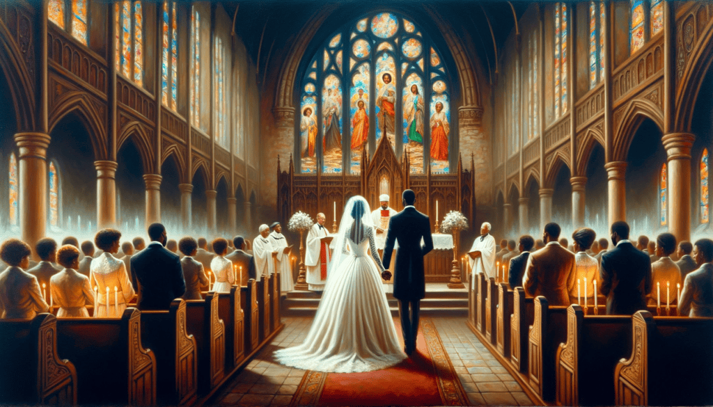 Oil painting showcasing a solemn wedding scene in a church, with a Black groom in a suit and a White bride in a gown at the altar, bathed in light from stained glass windows.
