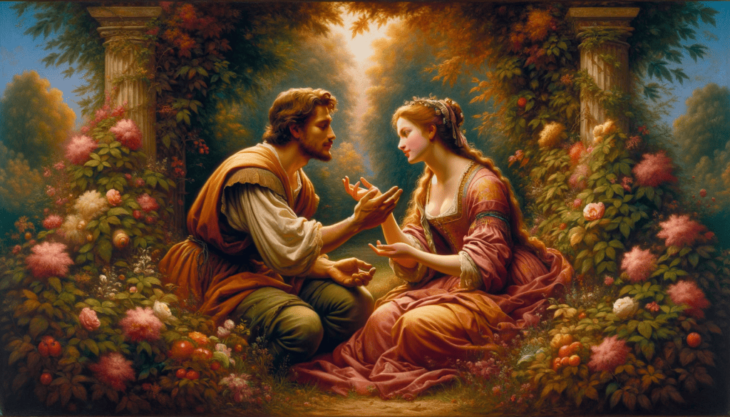 Renaissance oil painting of a loving couple in a garden, symbolizing love and respect.
