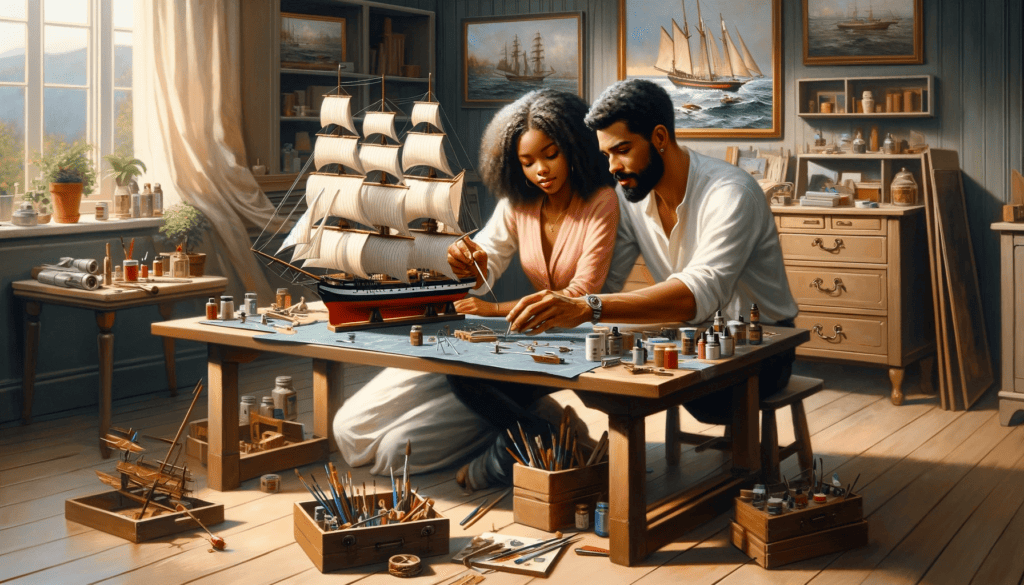 Oil painting depicting a diverse couple, a Black woman and a Caucasian man, engaged in crafting a model ship, representing their partnership and shared interests.