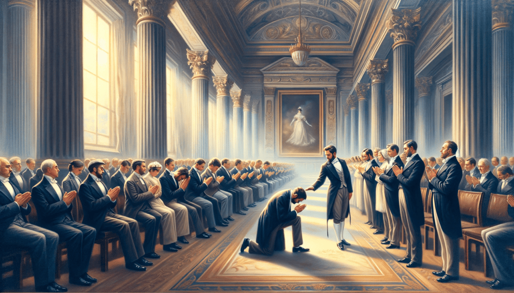 The artwork showcases individuals from various backgrounds engaging in respectful and honorable interactions, set in a grand hall with majestic columns, with soft light enhancing the noble atmosphere of the scene.