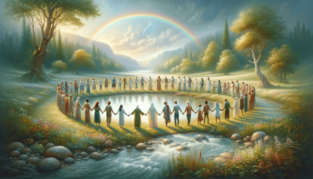 It features a diverse group of individuals joining hands in a circle, set against a serene landscape with a gentle stream, lush meadows, and a unifying rainbow, expressing a profound sense of togetherness and harmony.