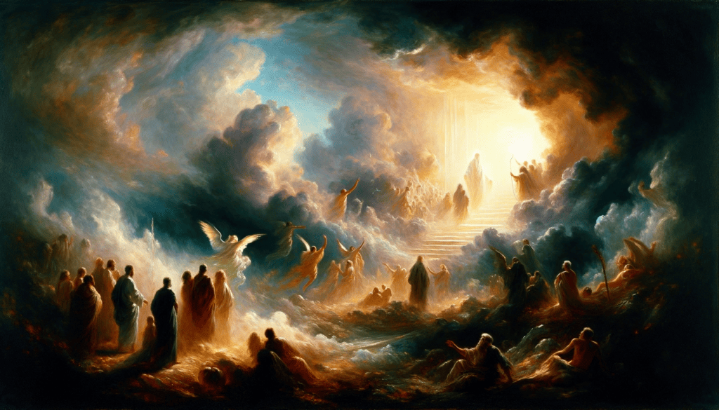 Dynamic oil painting depicting figures in a moment of realization, embodying the urgency and transformation associated with the call to repent.