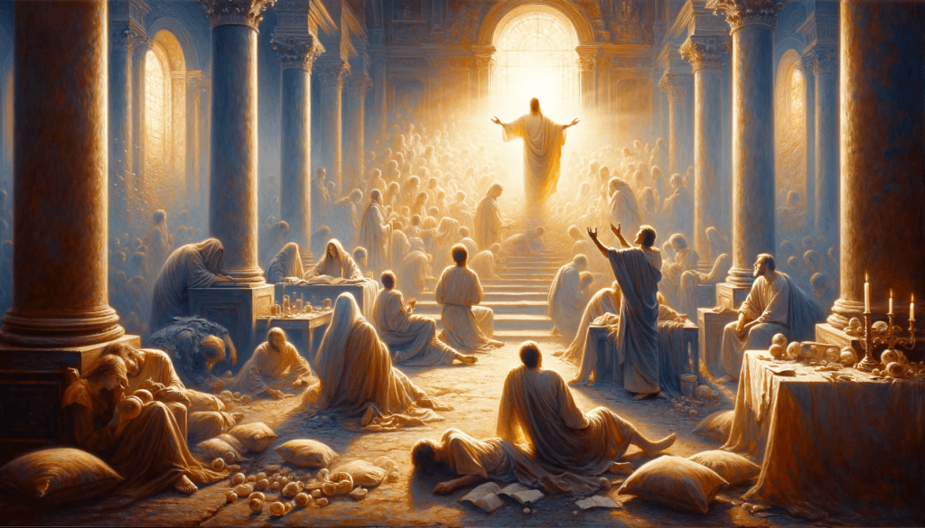 Poignant painting capturing a moment of grace, with figures in light and warmth, illustrating God's mercy in the act of repentance.