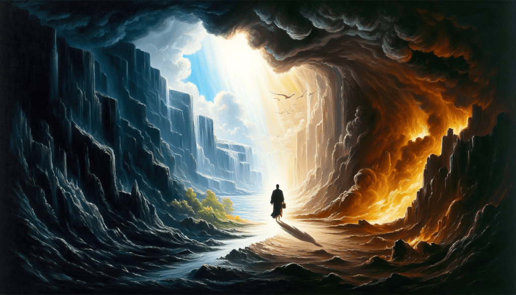 Inspirational painting showing figures moving from darkness to light, representing the rejection of sin and the journey towards righteousness.