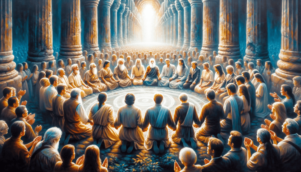 An oil painting of a group of diverse people praying together in an ancient temple, symbolizing hope and unity in 'Prayers for Revival'.