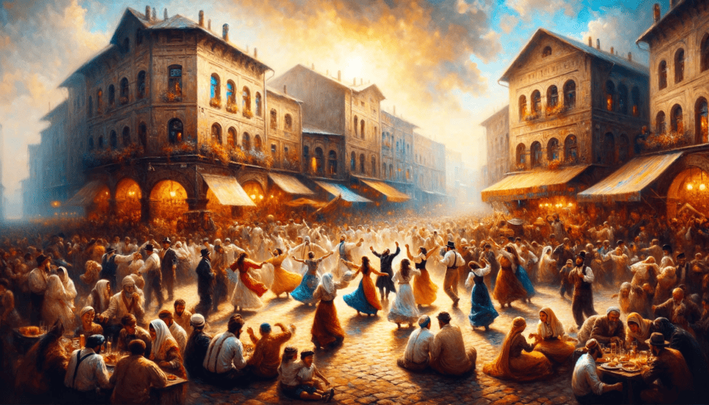 A classic, impressionistic painting of a joyous celebration in a vibrant market square, symbolizing community and spiritual revival. 