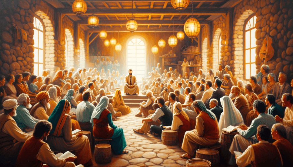 An oil painting showing diverse people of different cultures sharing stories in a warm, inviting setting.