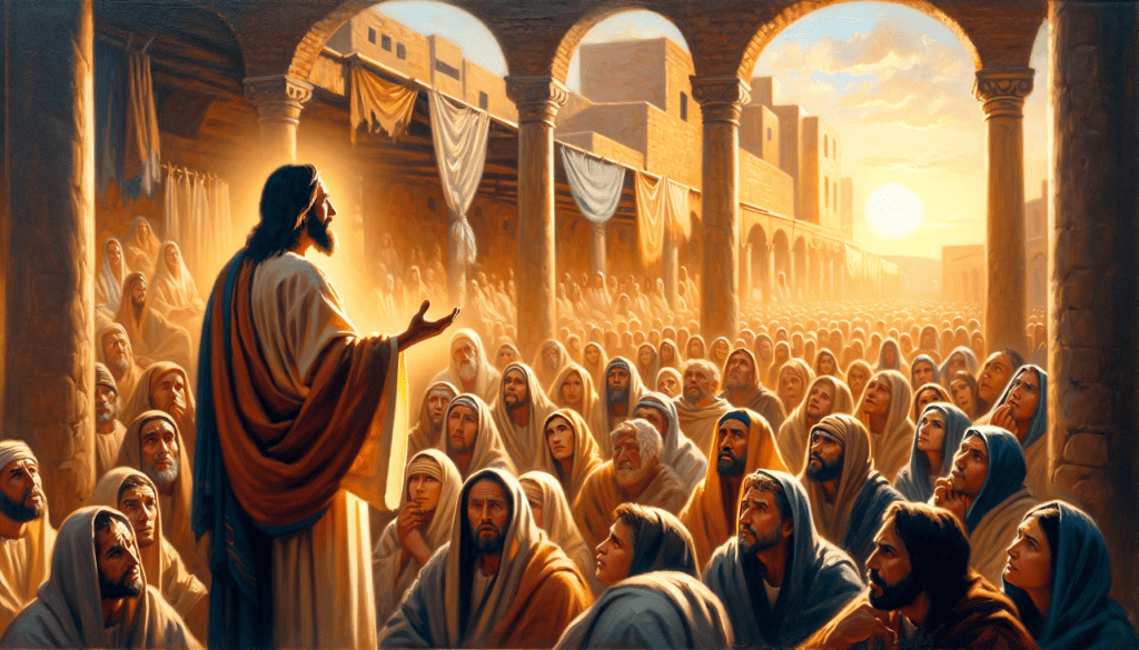 An oil painting of a robed figure speaking to a captivated crowd in an ancient marketplace, with a divine light casting over them.