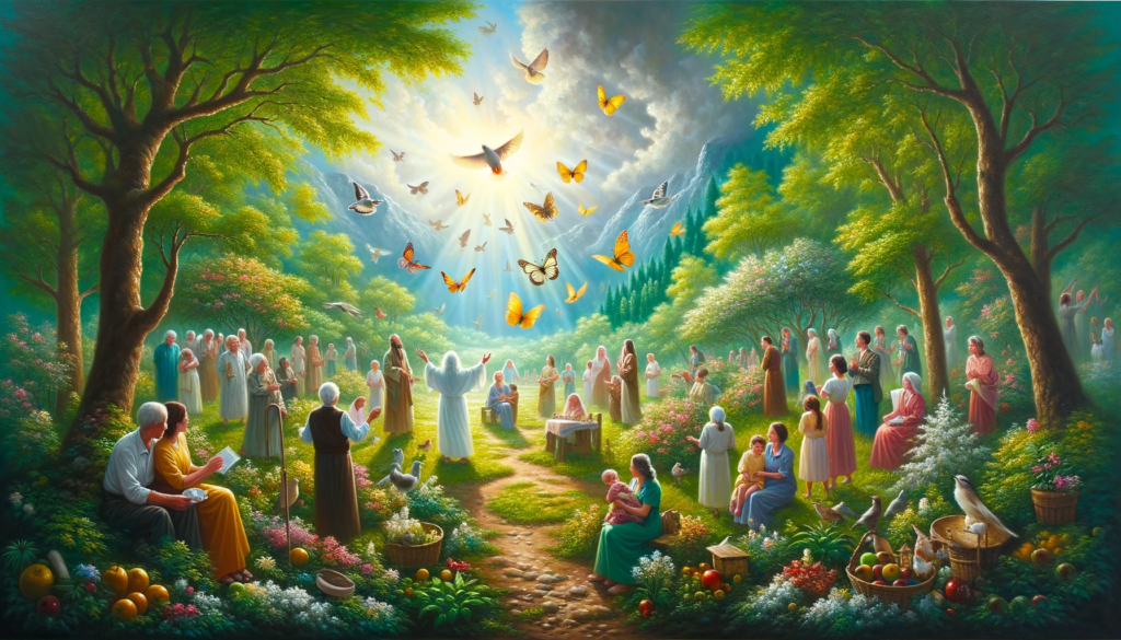 An oil painting depicting a serene garden with people experiencing joy, healing, and transformation, symbolizing freedom and new life.