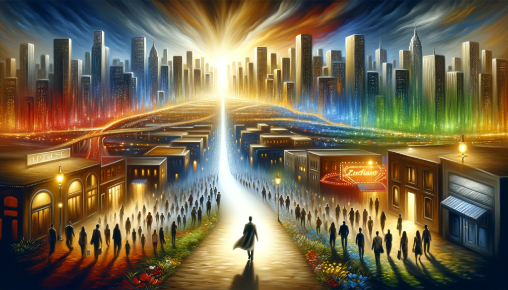 An oil painting visualizing a person walking through a vibrant cityscape, leaving a trail of light and positively impacting others.
