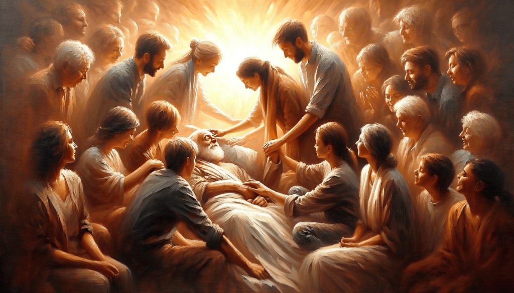 Oil painting depicting a group of diverse people sharing a moment of care and support, conveying unity and emotional connection with warm, soothing colors.