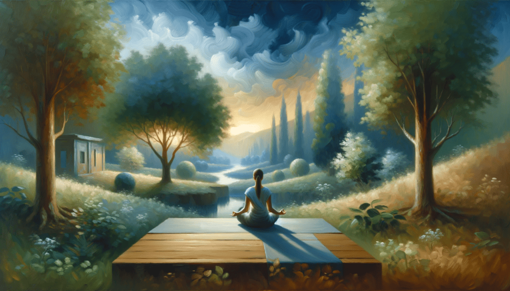 Oil painting of a person meditating in a serene natural setting, symbolizing inner peace and self-mastery, with a harmonious and tranquil color palette.