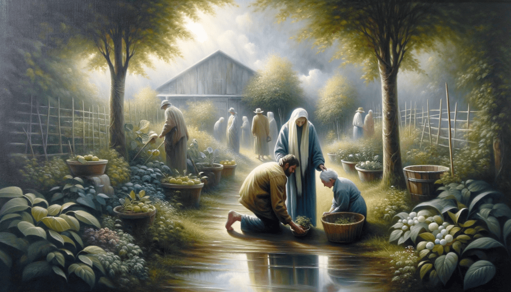 Oil painting depicting a serene scene of humility and meekness, featuring a person tenderly caring for plants in a community garden, using soft and calming colors to convey a sense of gentle strength and humility.