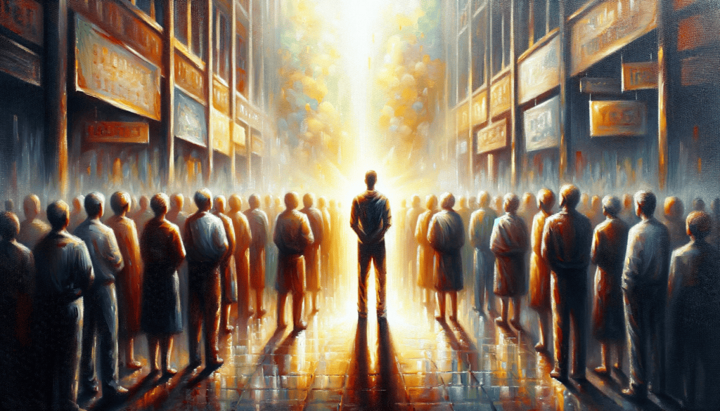 Oil painting of an individual standing firmly in a public space, symbolizing truth and integrity, with a color palette conveying clarity and trustworthiness.