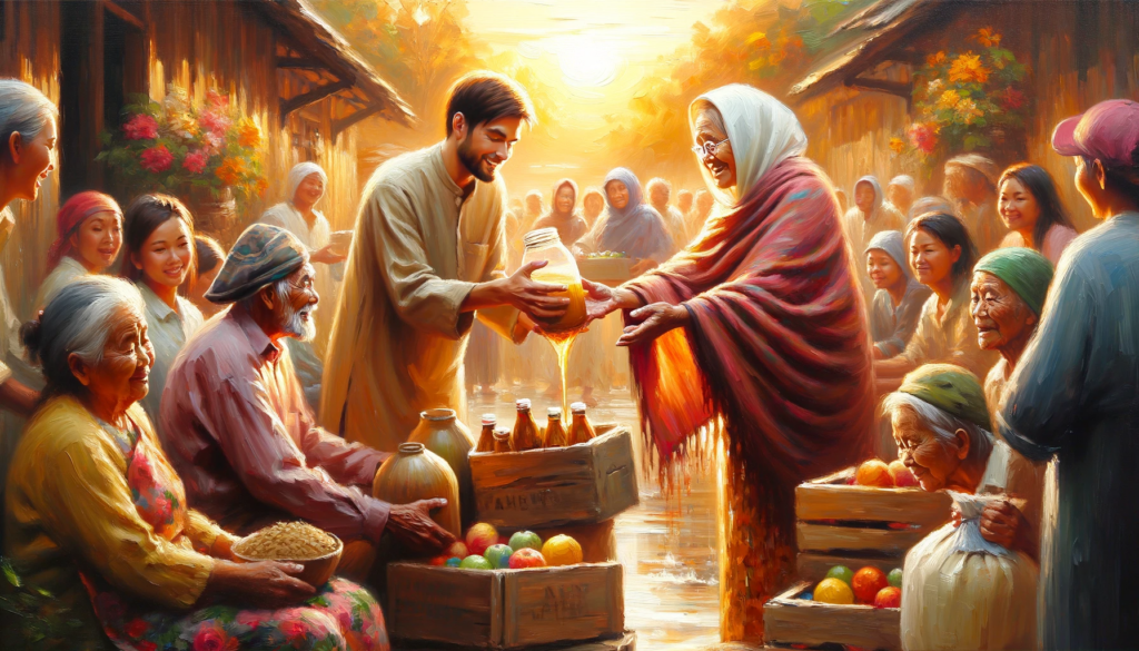 Oil painting of individuals sharing and giving selflessly in a community setting, embodying warmth and community spirit with rich and vibrant colors.
