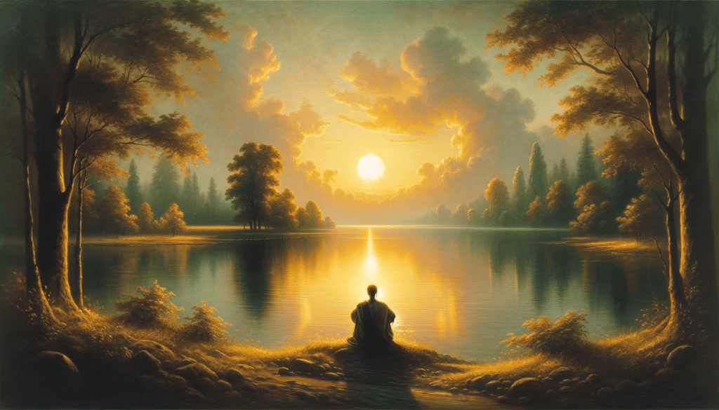 An oil painting of a person sitting by a calm lake, reflecting on the still water under a soft sunset, symbolizing comfort in God's presence.