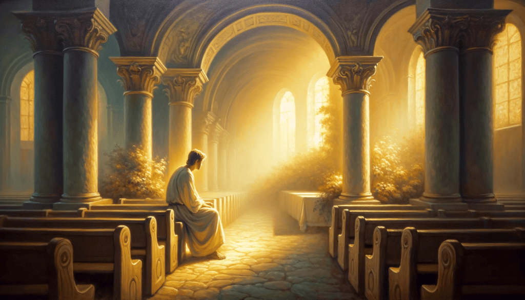 An oil painting showing a person finding solace in a serene church, surrounded by warm light, embodying comfort in faith during challenging times.