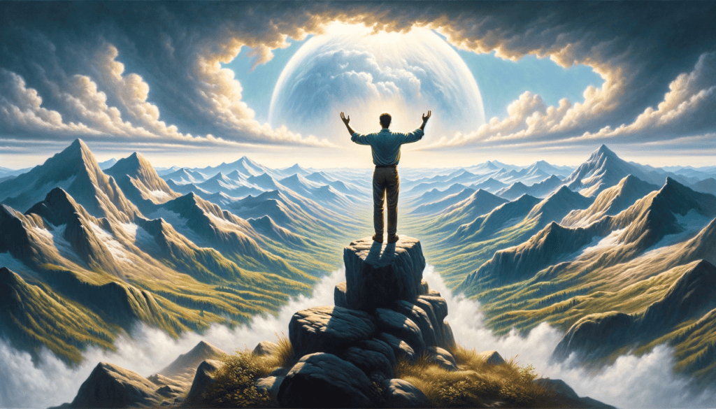 An oil painting of a person standing on a mountain top, hands raised towards the sky in a gesture of trust and surrender, with a vast and beautiful landscape below symbolizing trust in divine guidance. The painting is classical in style, focusing on the majestic natural setting.