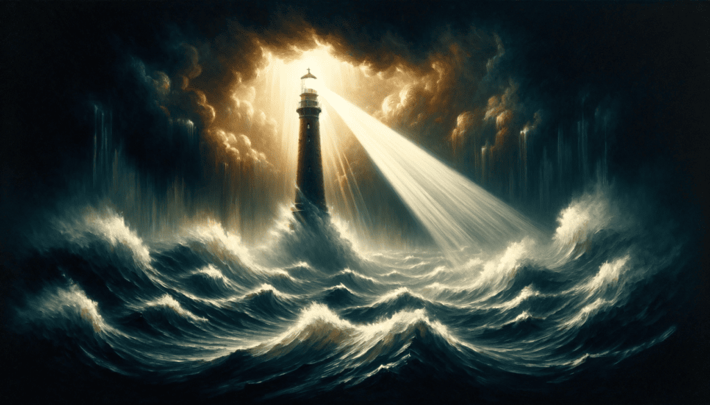 An oil painting of a lighthouse standing firm amidst turbulent seas, with a beam of light through darkness, capturing hope and certainty in life's storms.