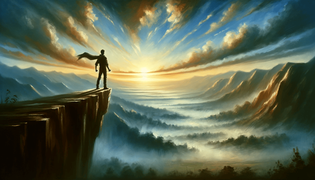An oil painting portraying a figure standing at the edge of a cliff, looking over a vast landscape at sunrise, symbolizing bravery and overcoming fear.