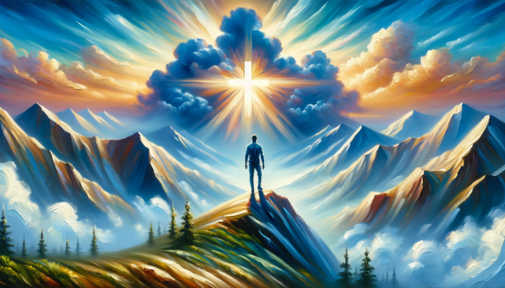 An oil painting depicting a person standing confidently on a mountain peak, bathed in sunlight streaming through the clouds, symbolizing trust and faith in God. The vibrant colors and majestic landscape evoke a sense of strength, faith, and serenity.