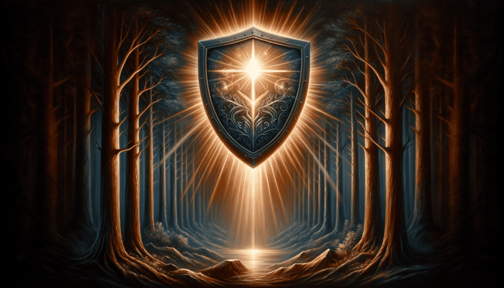 An oil painting depicting a protective shield with divine light shining upon it, set against a backdrop of a dark forest.