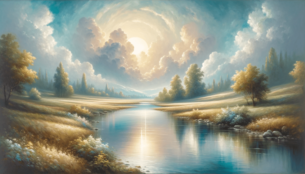 An oil painting of a serene landscape with a gentle stream running through it, reflecting the calm sky above.