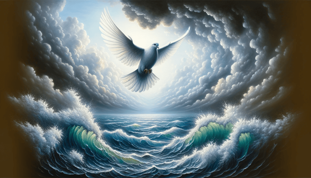An oil painting depicting a dove soaring in the sky, casting a shadow over a turbulent sea below.