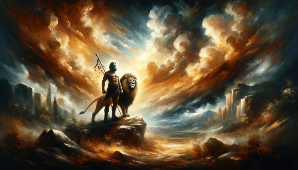 An oil painting depicting a valiant figure standing tall with a lion by their side on a rocky terrain, under a dramatic sky.