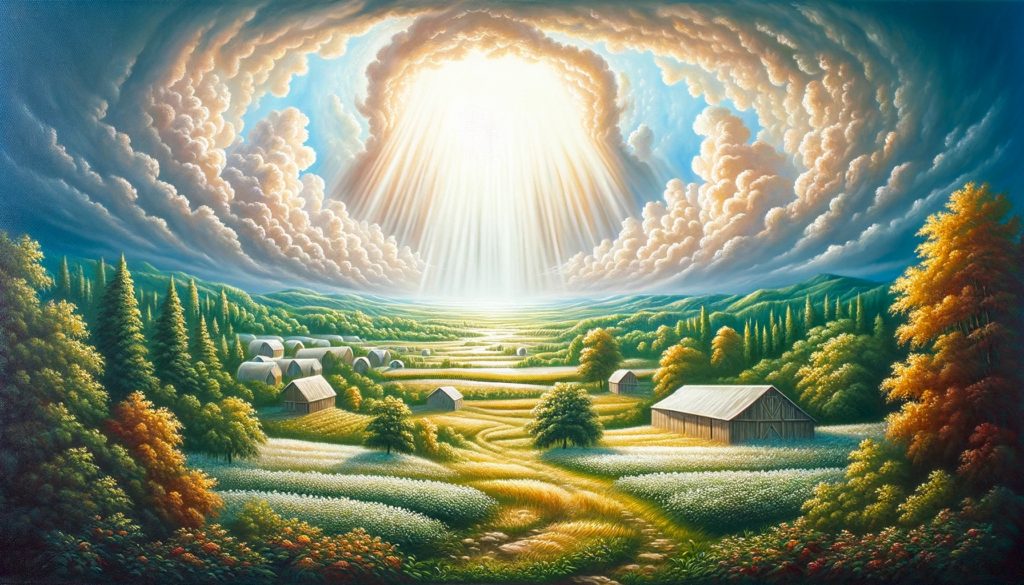 An oil painting of a vast, heavenly landscape, filled with divine light and overflowing barns, symbolizing God's abundant blessings. The serene and prosperous land is lush and fertile, radiating divine grace and provision.