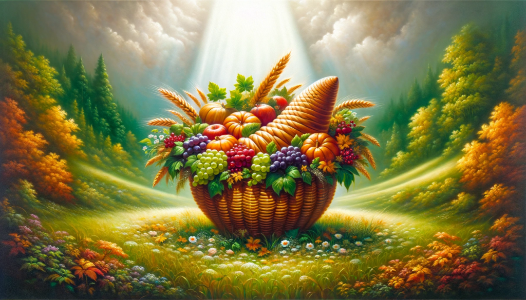 An oil painting depicting a lush, green meadow with a vibrant, overflowing cornucopia, symbolizing the fullness and abundance found in Christ, illuminated by a gentle, divine light.
