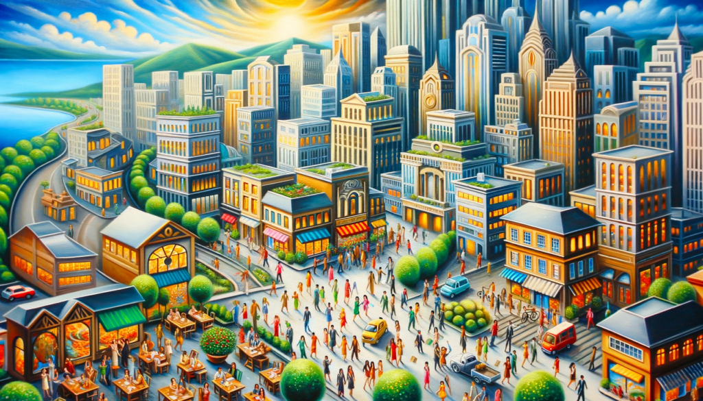An oil painting featuring a vibrant cityscape with flourishing businesses and happy people, representing prosperity and success.