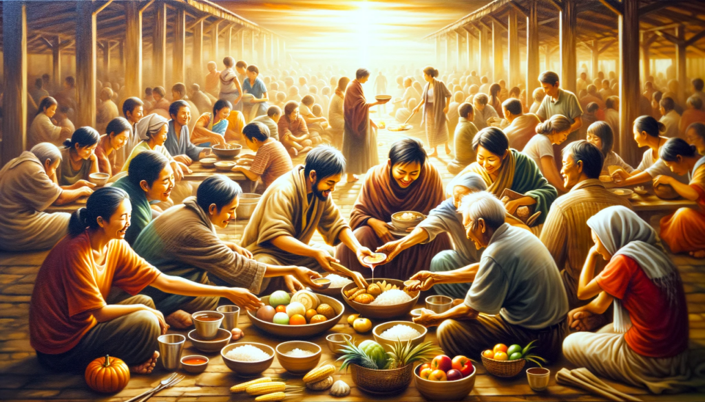 An oil painting portraying a warm scene of people sharing food and goods in a communal setting, capturing the spirit of generosity and sharing.