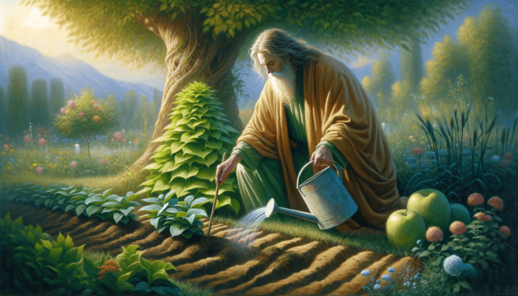 An oil painting depicting a wise figure managing a garden, symbolizing careful stewardship and responsibility.