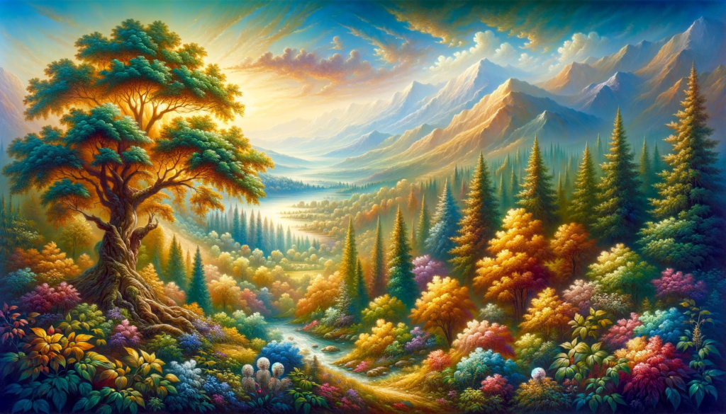 Oil painting in 16:9 ratio illustrating 'Beauty in Creation,' showcasing the breathtaking beauty of the natural world. The vibrant and detailed artwork captures a harmonious and intricate scene of nature, emphasizing the diversity, splendor, and wonder of the natural world.