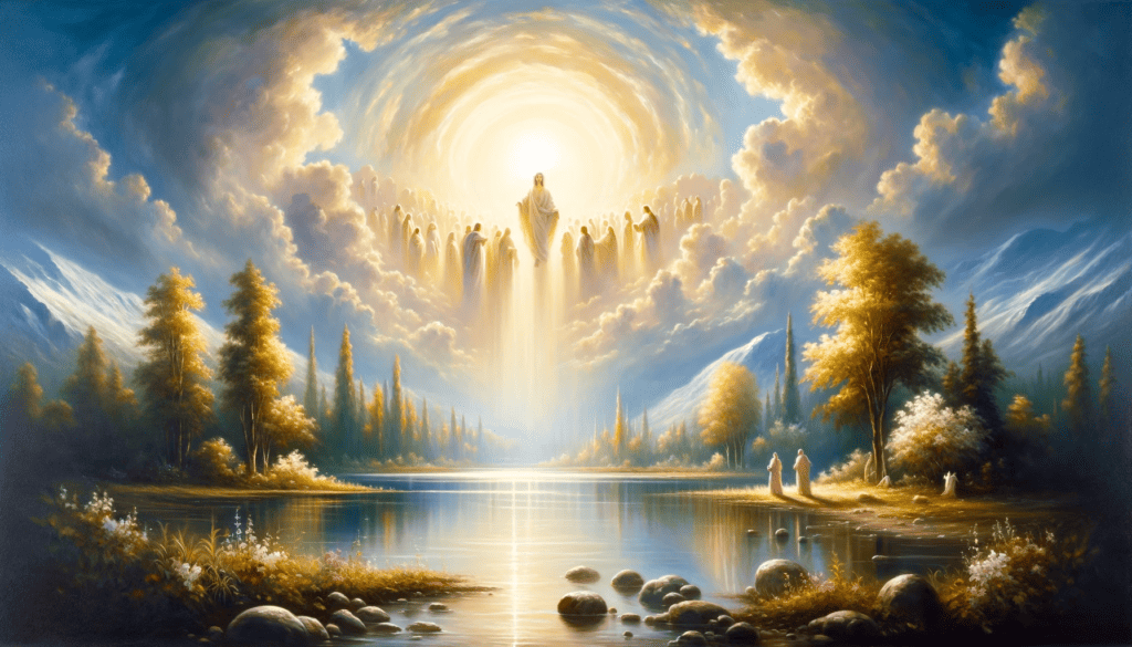 Oil painting in 16:9 ratio portraying 'The Beauty of Holiness,' capturing the sacred and divine aspect of holiness through a serene and pure landscape. The peaceful and sublime style of the artwork evokes a sense of spiritual reverence, awe, and the majesty of the holy.