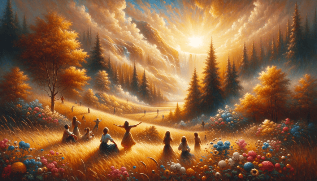 Oil painting in 16:9 ratio visualizing 'Appreciation of Beauty,' capturing the joy and gratitude of beholding beauty. The warm and expressive artwork depicts a scene where individuals admire the splendor of nature or art, symbolizing the deep appreciation and love for beauty in all its forms.