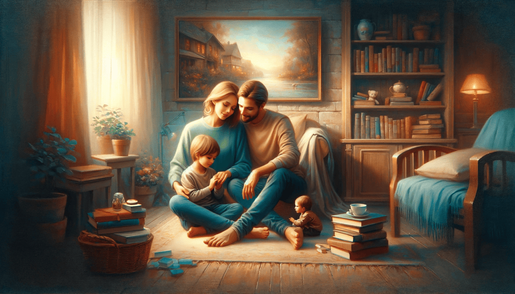 An oil painting depicting parents lovingly guiding and teaching their children in a warm, cozy home environment.