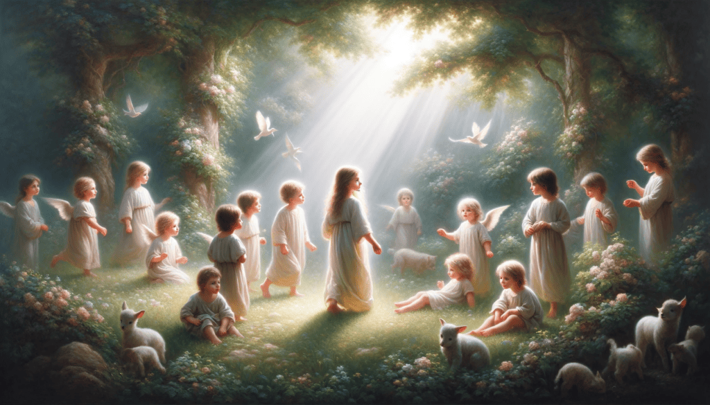 An oil painting depicting a peaceful and pure scene of children in a natural setting, symbolizing faith and purity. The children are in a meadow or garden, bathed in soft light, with expressions of wonder and serenity, surrounded by gentle creatures or blooming flowers, emphasizing their connection to nature and innocence.