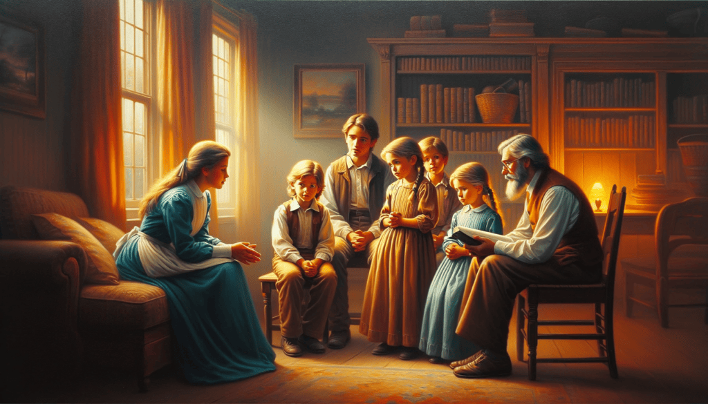 An oil painting depicting a scene of harmony and discipline within a family, with children respectfully interacting with their elders in a warmly lit room, emphasizing mutual respect and familial bonds.