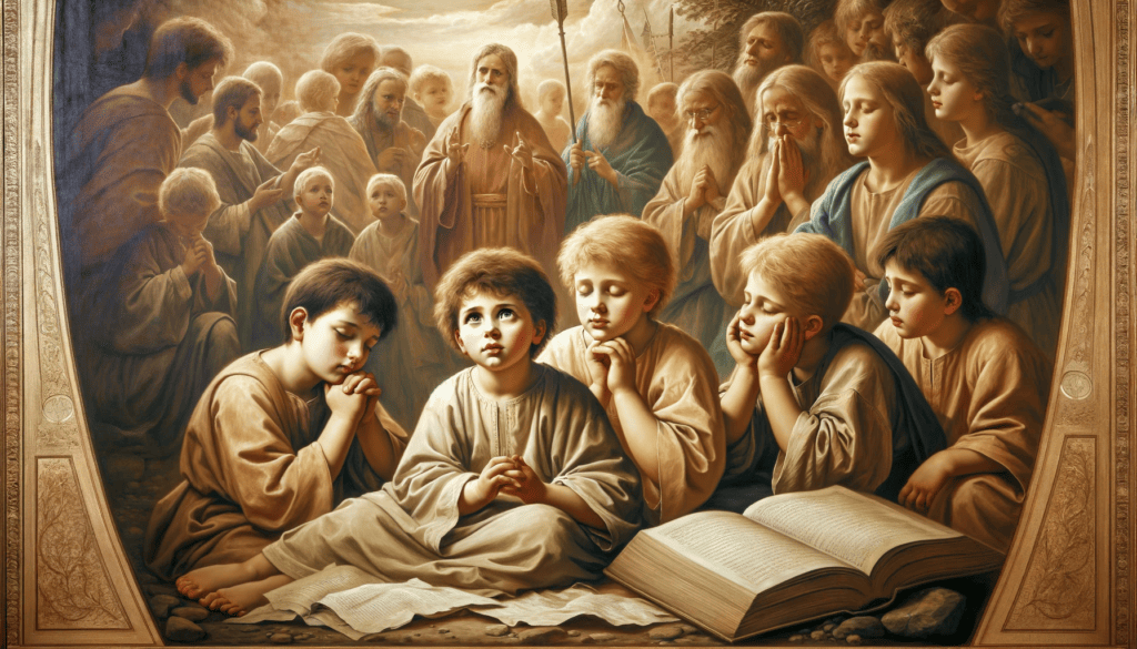 An oil painting depicting young, faithful children in a historical or biblical setting, highlighting their innocence, purity, and profound faith.
