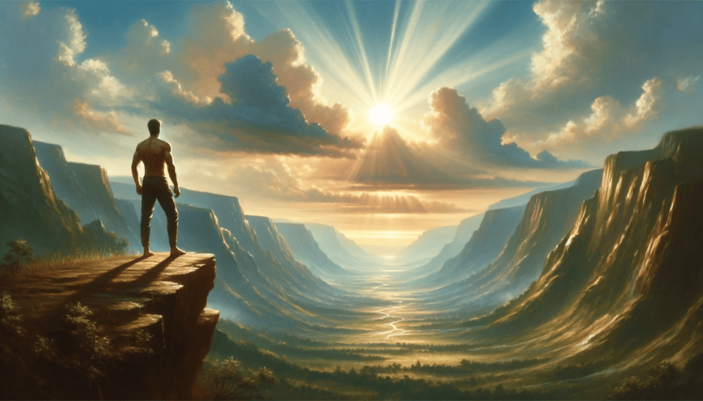 Figure standing confidently at the cliff's edge, symbolizing finding courage in God, in an oil painting.